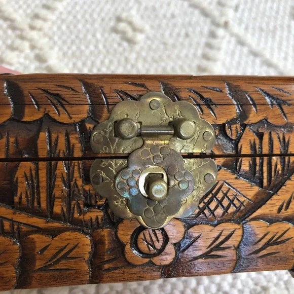 Antique Asian Scenes Hand Carved Ornamental Wood Box/Brass